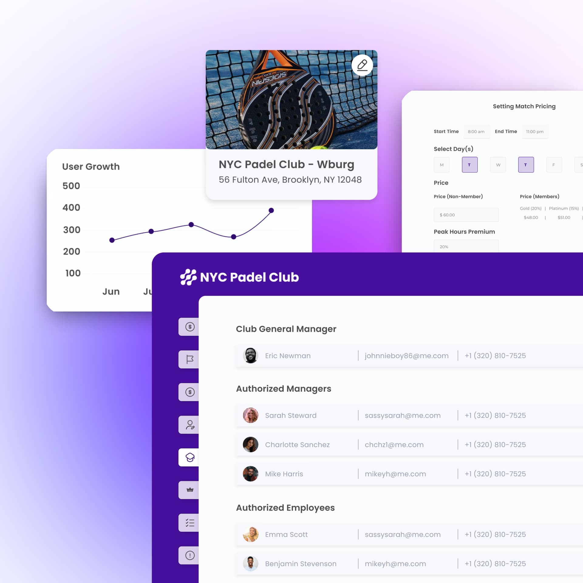 Serve club operations dashboard screens